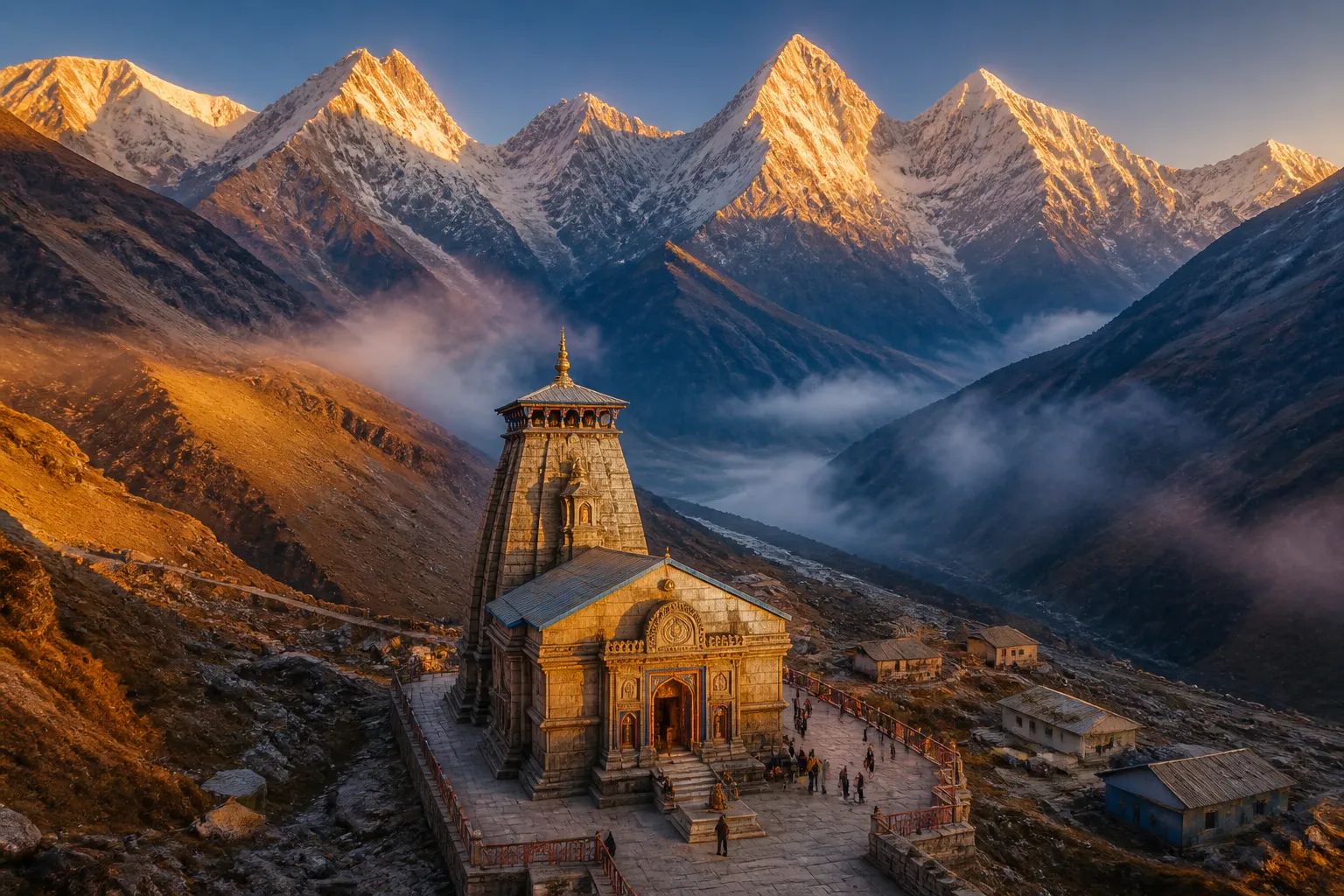 Kedarnath temple in the Himalayas at dawn - Char Dham Yatra pilgrimage