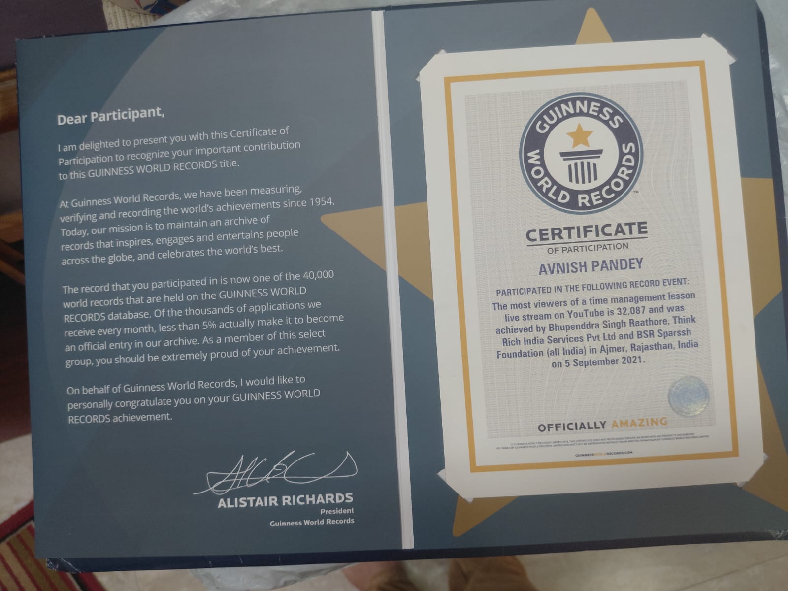 Guinness World Records Certificate of Participation - Avnish Pandey, My India Discovery founder, participated in the most viewers of a time management lesson live stream on YouTube, 5 September 2021